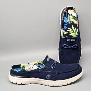 Skechers On-the-GO GOGA MAT Navy Blue Canvas Mule Boat Shoe Women's Size 10